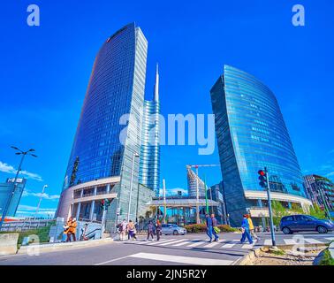 MILAN, ITALY - APRIL 9, 2022: Piazza Gae Aulenti is the modern neighborhood, on April 9 in Milan, Italy Stock Photo