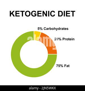 Ketogenic diet, donut chart with percentages of carbohydrates, protein and fat. Diet, high on fat, adequate on protein and low on carbohydrates. Stock Photo