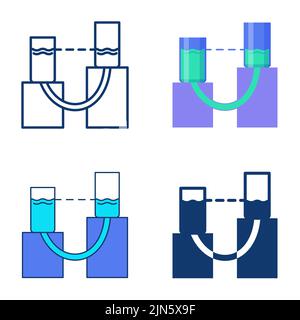 Communicating vessels icon set in flat and line style. Law of physics symbol. Hydrostatic pressure. Vector illustration. Stock Vector