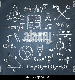 Online education banner on blackboard. Chalk written formulas. Learning and science. Vector illustration. Stock Vector