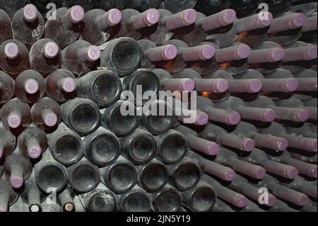 Old dusty wine bottles in the cellar Stock Photo