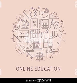 Online education round poster in line style with text. Vector illustration. Stock Vector