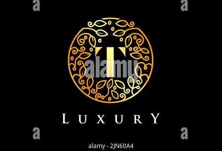 Golden T Letter Logo Luxury. Green Beauty Cosmetics Logo Monogram. Stock Vector
