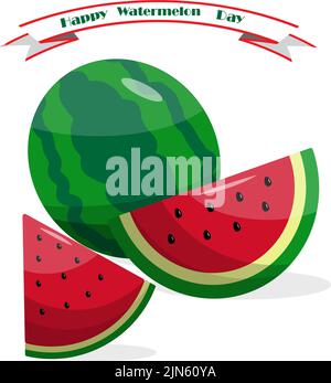 Holiday of National Watermelon Day. Vector design elements, greeting text. Nice greeting card design for National Watermelon Day. Vector illustration. Stock Vector