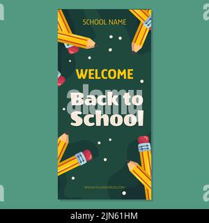 Back to school vertical banner template with classic yellow pencil with eraser on it. The pencils are arranged in a circle against a green school chalkboard. Stock Vector