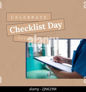 Composition of checklist day text over caucasian worker with clipboard Stock Photo