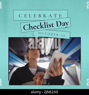 Composition of checklist day text over caucasian female worker with tablet Stock Photo