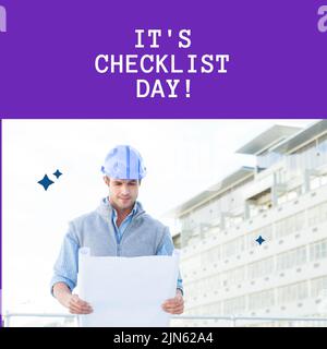 Composition of checklist day text over caucasian male worker with schema Stock Photo