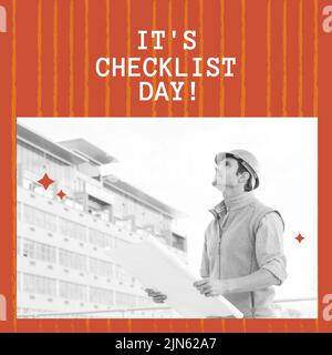 Composition of checklist day text over caucasian male worker with schema Stock Photo