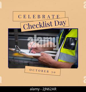 Composition of checklist day text over caucasian male worker with clipboard Stock Photo