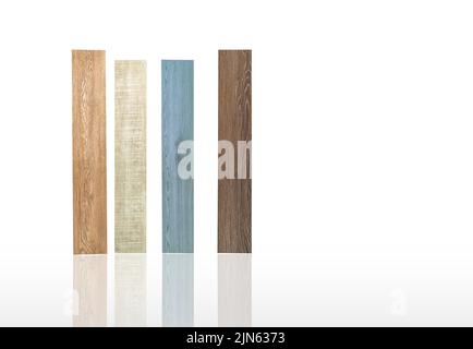 Vinyl tiles sample collection for interior designer. New wooden pattern vinyl tile. Vinyl flooring material on white background. Polymer vinyl sheet Stock Photo