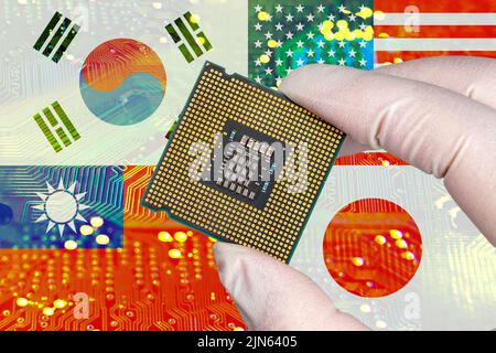 South Korea, USA, Taiwan and Japan flags and semiconductor chips. Chip4 alliance concept. Stock Photo