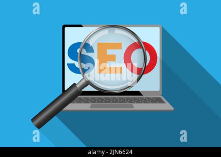 SEO concept with magnifier on laptop computer, vector illustration Stock Vector