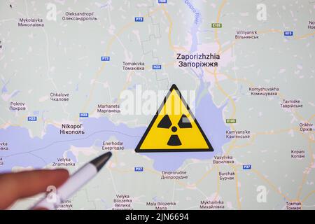 Zaporizhzhia nuclear power plant on map. The danger of nuclear leak and radiation. War in Ukraine Stock Photo