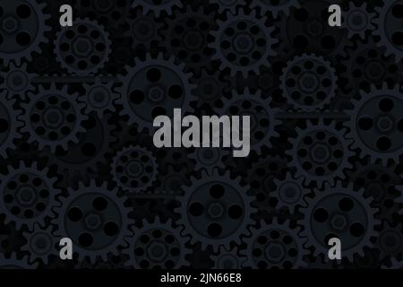 Seamless gears pattern black tech background. Industrial mechanics texture. Layered dark web page fill backdrop. Technology wrapping paper design. Stock Vector