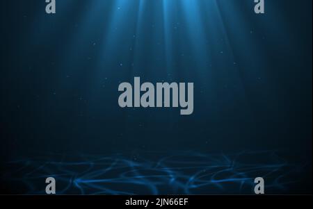 Vector Light Rays in Dark Blue Underwater Ocean Background. Sun Glare at the Bottom of Sea. Deep Ocean Stormy Water with Plankton Dust Particles. Sun Stock Vector