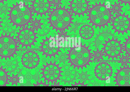 Seamless gears pattern gray green tech background. Industrial mechanics texture. Layered modern web page fill backdrop. Technology wrapping paper Stock Vector