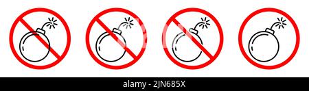 Exploding bombs prohibition sign. Bombs ban signs set. No explosion sign. Vector illustration. Stock Vector