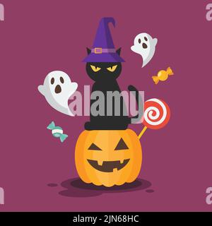 Black cat in a witch hat sitting on a Halloween pumpkin. Vector illustration Stock Vector
