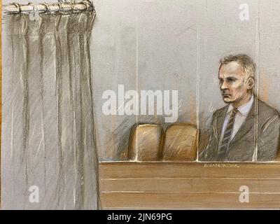 Court artist sketch by Elizabeth Cook of former Manchester United footballer Ryan Giggs at Manchester Crown Court, where he is accused of controlling and coercive behaviour against ex-girlfriend Kate Greville between August 2017 and November 2020. Picture date: Tuesday August 9, 2022.