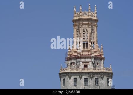 Scenic view of the Spanish Colonial style tower of the ETESCA building and Museo de las Telecomunicaciones a historic landmark in Havana, Cuba. Stock Photo