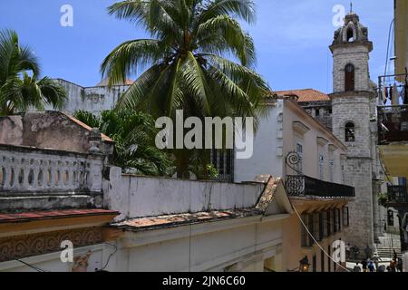 Cityscape with scenic view of La Catedral de la Virgen María a Baroque style church and historic monument on Calle Empedrado, Old Havana Cuba. Stock Photo