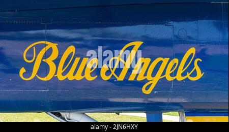Pensacola, FL - March 26, 2022: Blue Angels text on a jet at the US Naval Air Station in Pensacola, Florida.  The Blue Angels were formed in 1946 in o