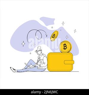 a girl works at a laptop leaning on a wallet into which bitcoins are falling illustration on the theme of cryptocurrencies in sketch style Stock Vector