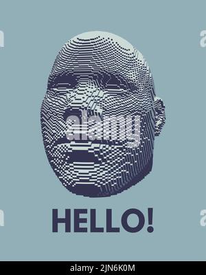 Hello! Abstract digital human head. Voxel art. Vector illustration. Can be used as a poster, postcard or banner. Stock Vector