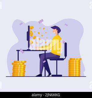 the guy sits at the computer and earns online on cryptocurrency transactions Stock Vector