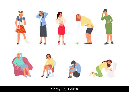 Set of ill sick women isolated on white background. Bundle of unhappy people suffer from illness, pain or ache in different body parts. Flat Art  illu Stock Photo