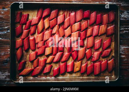 Roasted Rhubarb on a Baking Tray Stock Photo