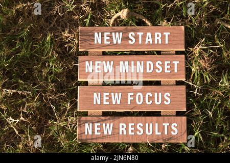 Motivational and inspirational quote on wooden frame - New start, new mindset, New focus, new results. Stock Photo