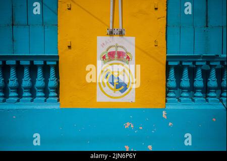 Spanish soccer team Real Madrid shield painted on a house wall of Getsemani, Cartagena, Colombia Stock Photo