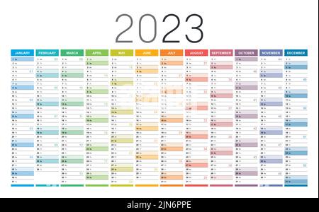 Year 2023 colorful wall calendar, with weeks numbers, on white background. Vector template. Stock Vector