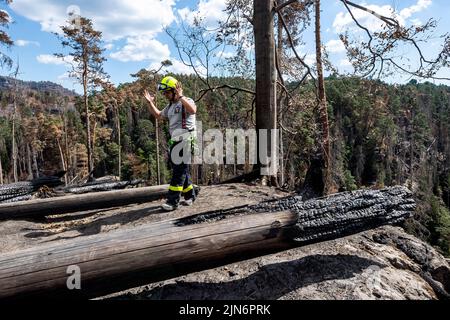 Hrensko, Czech Republic. 09th Aug, 2022. The burnt forests in the Ceske Svycarsko (Czech Switzerland) National Park, Czech Republic, August 9, 2022. A volunteer firefighter from Kresice in the Decin region walks through the Long Mine above the Edmund (Silent) Gorge, where he is guarding part of the first area handed over by the firefighters to the park administration after the firefighting is finished. Credit: Ondrej Hajek/CTK Photo/Alamy Live News Stock Photo