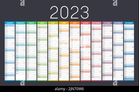 Year 2023 colorful wall calendar, with weeks numbers, on dark background. Vector template. Stock Vector
