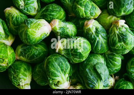 Overhead View of a Large Group of Brussels Sprouts: Closeup of a pile of Brussels sprouts viewed from directly above Stock Photo