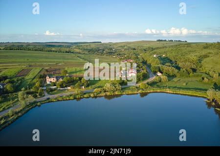 Aerial view of fish hetching pond with blue water in aquacultural area Stock Photo