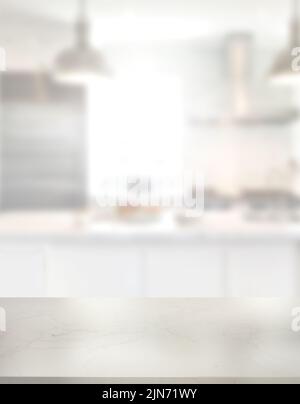 Empty white marble countertop on blurred kitchen window for product presentation. Stylish marble table top with copy space for your design. Stock Photo