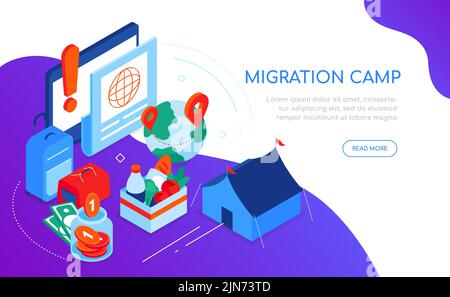 Migration camp - modern colorful isometric web banner Stock Vector
