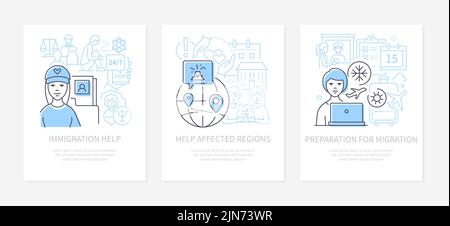 Migration and charitable assistance - line design style banners set Stock Vector