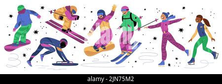 Winter sports. Young sportsmen. Skiers and snowboarders. Ice and snow skating. Cartoon athletes in gear. Bobsledders and skaters. People activities Stock Vector