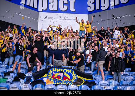 Union's supporters pictured during a match between Scottish Rangers FC and Belgian soccer team Royale Union Saint-Gilloise, Tuesday 09 August 2022 in Glasgow, the return leg in the third qualifying round of the UEFA Champions League competition. BELGA PHOTO LAURIE DIEFFEMBACQ Stock Photo