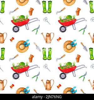 Seamless gardening pattern with colorful illustrations of flowers in a wheelbarrow, a watering can, rubber boots and a gardening tool. Repeated backgr Stock Photo