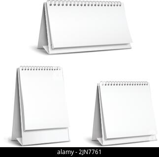 Three vertical and horizontal realistic standing blank spiral table calendars of different size on white background isolated vector illustration Stock Vector