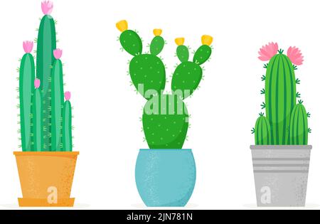 Flowered cactus set in a flat style. Different home cacti in pots. Blossomed house succulents. Vector illustration Stock Vector