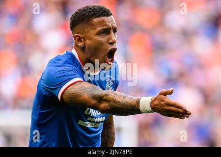 Rangers' James Tavernier reacts during a match between Scottish Rangers FC and Belgian soccer team Royale Union Saint-Gilloise, Tuesday 09 August 2022 in Glasgow, the return leg in the third qualifying round of the UEFA Champions League competition. BELGA PHOTO LAURIE DIEFFEMBACQ Stock Photo