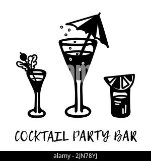 Black and white cocktails with bubbles, umbrella, berry, lemon and orange slice. Icon. Phrase Cocktail party bar. Stock Vector