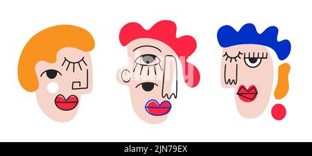 Cubism Comic Abstract Woman Face set Stock Vector